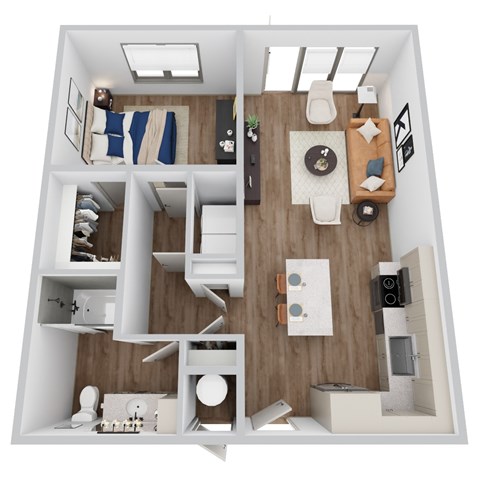 A 3D rendering of A3-1 floor plan at Era apartments in Denton, TX